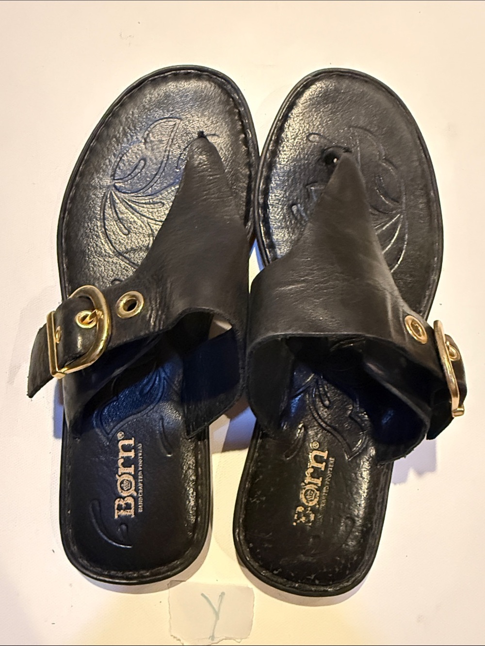 Born Black Leather Toe-Post Sandals with Gold Buckle Detail - Picture 2 of 3